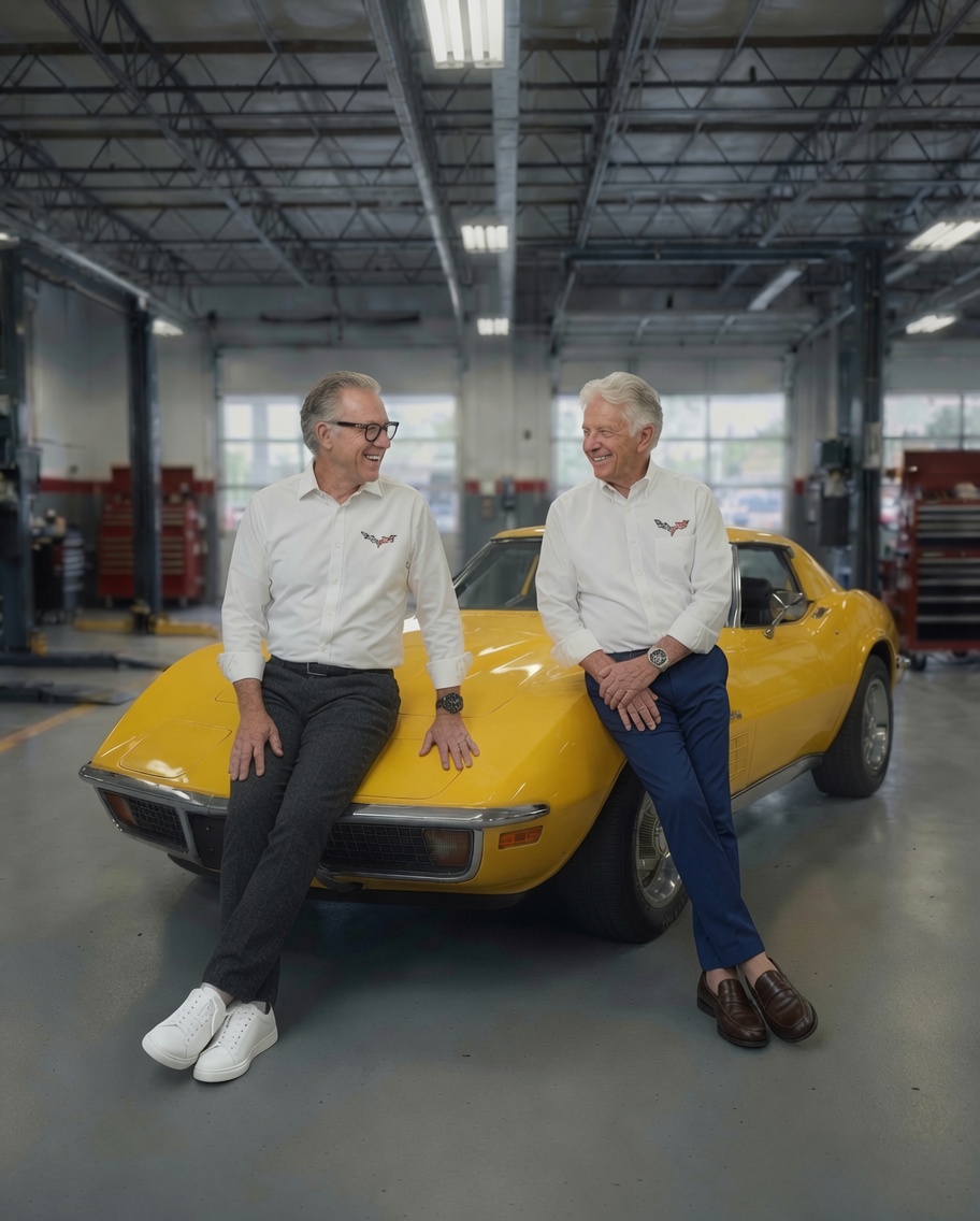 Rob and Rick Mancuso laughing while leaning on a yellow Corvette in their service garage