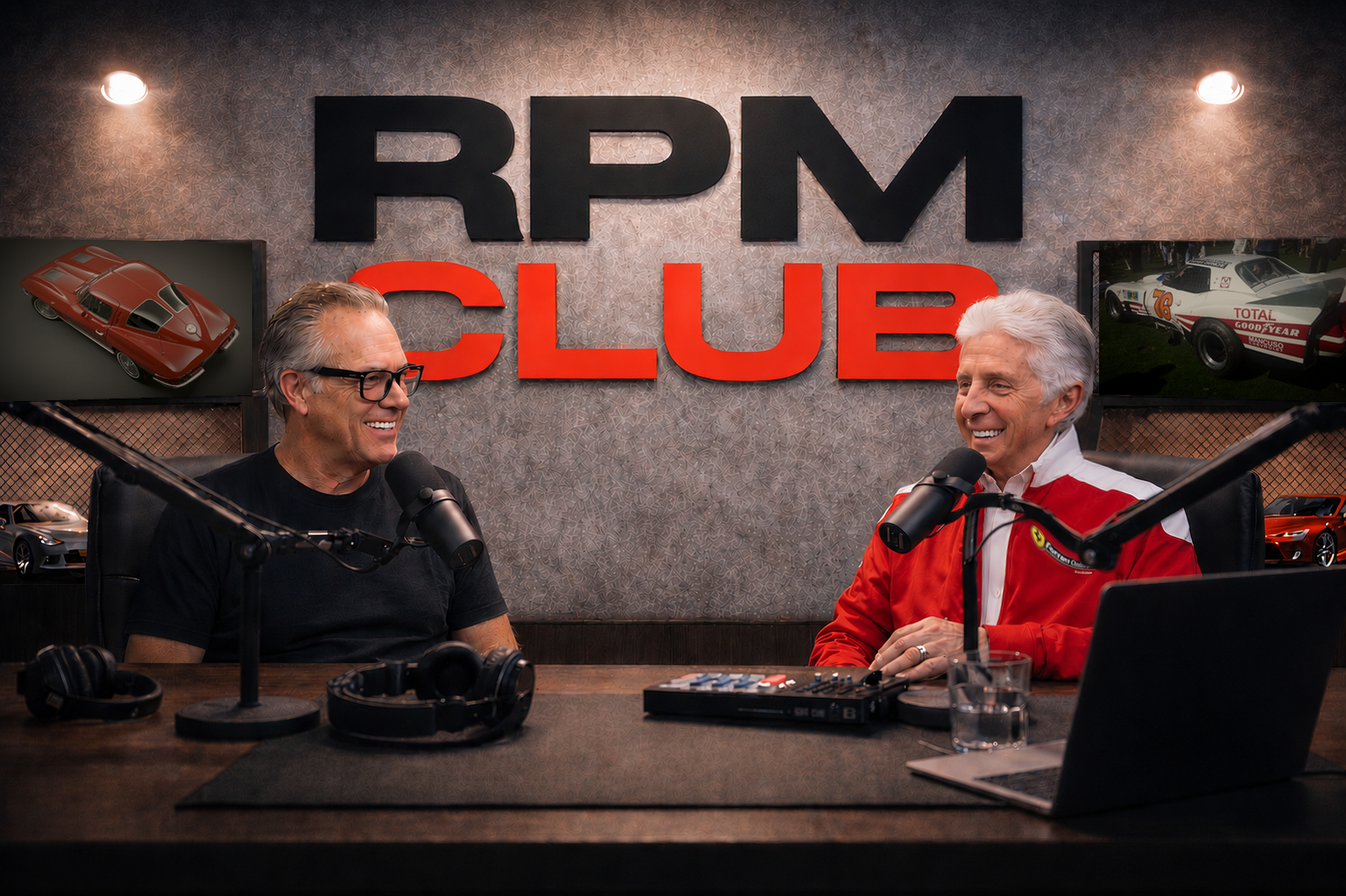 Rob and Rick Mancuso recording RPM Club in the studio beneath the RPM Club sign